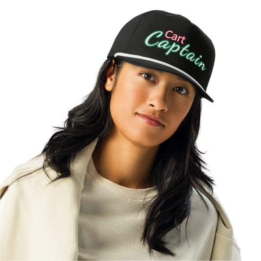 Person wearing a black cap with 'Cart Captain' text on a white background